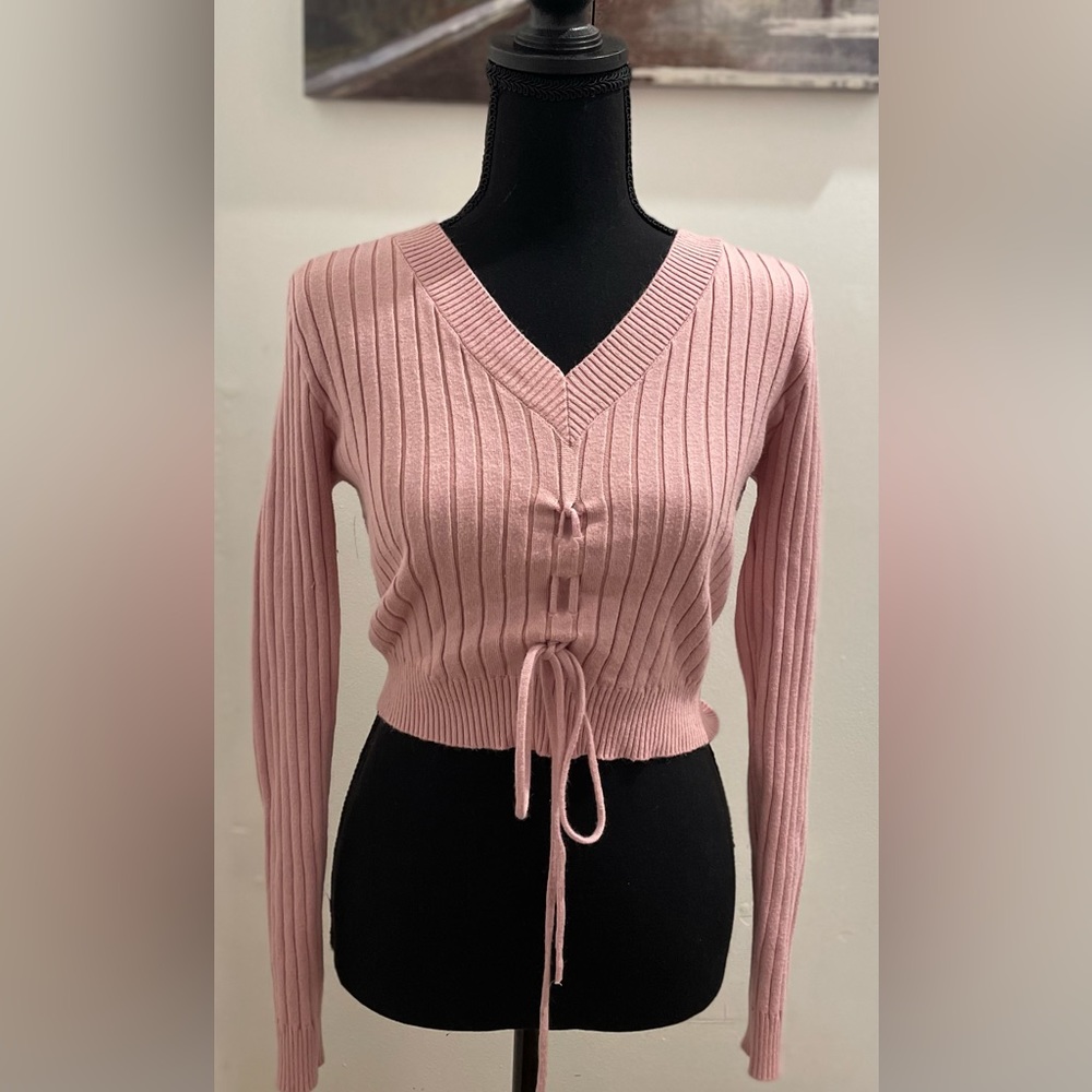 Forever 21 Pink V-Neck Bottom Tie Long Sleeve